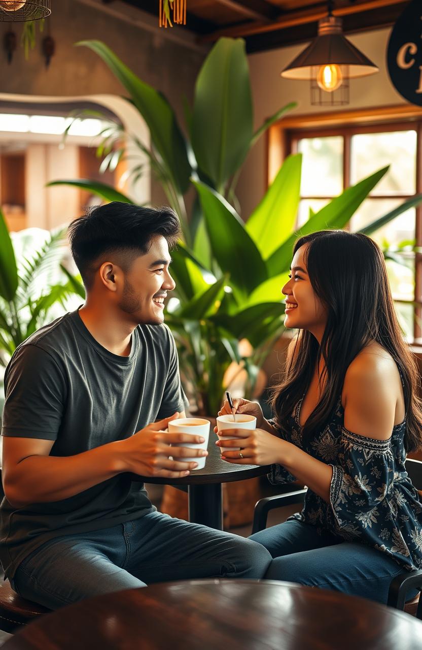 A romantic scene in a cozy cafe in the Philippines, depicting two people on a date holding cups of coffee