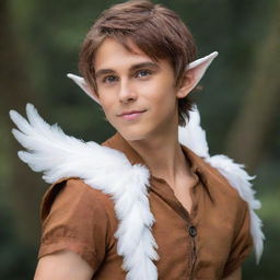 Enlarge and transform the wings of the mythical elf boy into grand, pure white feathers that radiate serenity and contrast elegantly with his messy brown hair, small elf ears, sharp jawline, lean physique, and stylish caramel-brown shirt.