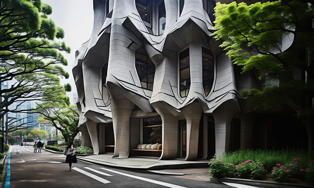 An ultra-elegant, origami-inspired architectural house with balconies, crafted from in-situ folded concrete panels, graces a beautifully landscaped Tokyo street. Captured in 32k HD cinema photography.