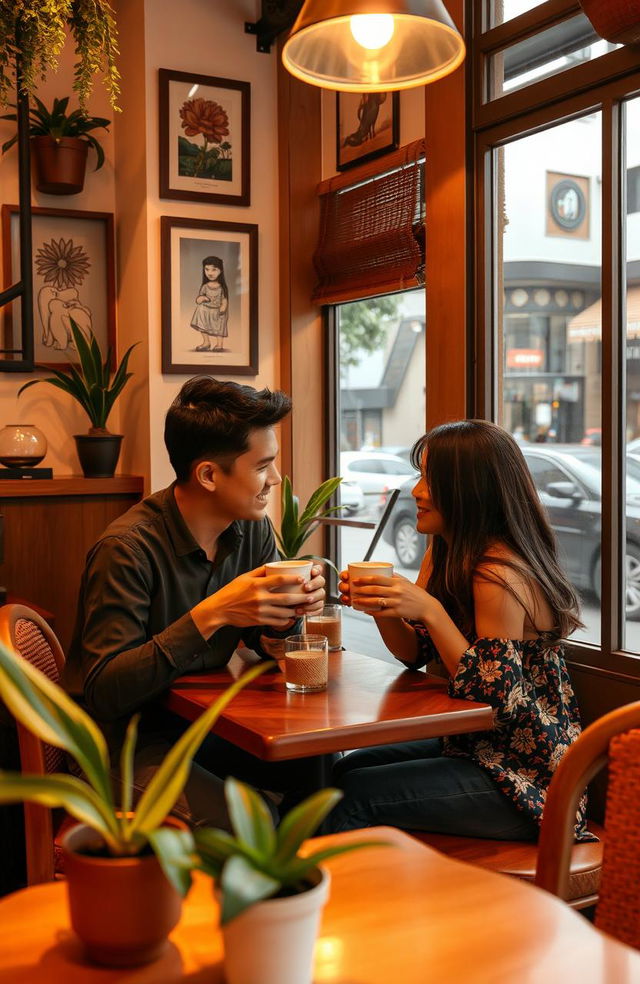 A cozy cafe scene in the Philippines featuring two people on a date, intimately holding coffee cups while engaging in deep conversation