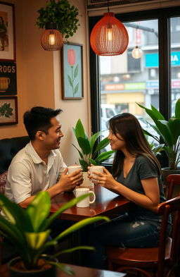 A cozy cafe scene in the Philippines featuring two people on a date, intimately holding coffee cups while engaging in deep conversation