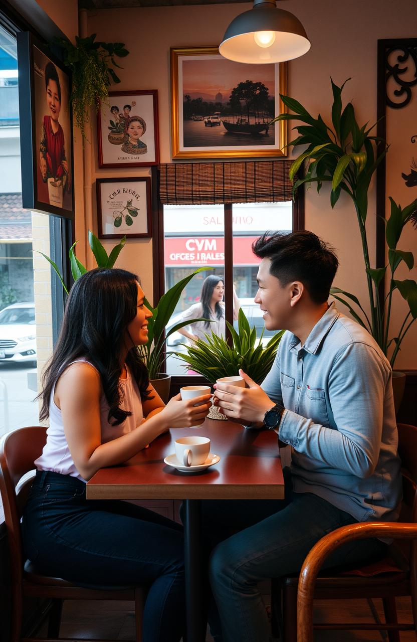 A cozy cafe scene in the Philippines featuring two people on a date, intimately holding coffee cups while engaging in deep conversation