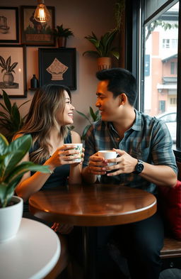 A cozy cafe scene in the Philippines featuring two people on a date, intimately holding coffee cups while engaging in deep conversation