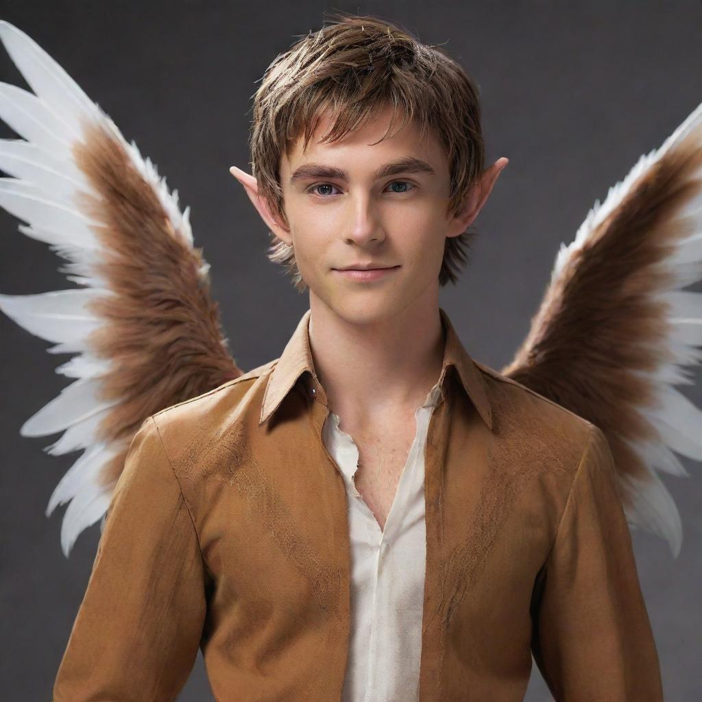 Revise the grand, white, feathered wings while ensuring the stylish caramel-brown shirt of the mythical elf boy remains intact. His brown messy hair, small elf ears, and sharp jawline provide a striking contrast.