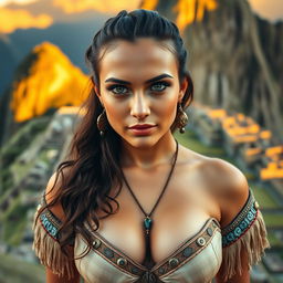 A beautiful 25-year-old woman at Machu Picchu, dressed in a tribal-inspired outfit that features a revealing top showcasing her ample cleavage