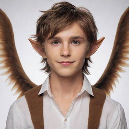 Revise the grand, white, feathered wings while ensuring the stylish caramel-brown shirt of the mythical elf boy remains intact. His brown messy hair, small elf ears, and sharp jawline provide a striking contrast.