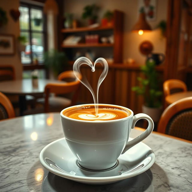 A beautifully arranged cup of coffee in a cozy cafe setting, with delicate heart-shaped smoke rising from the surface of the coffee