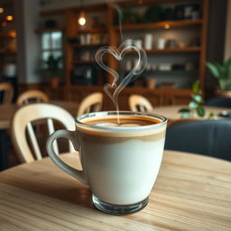 A beautifully arranged cup of coffee in a cozy cafe setting, with delicate heart-shaped smoke rising from the surface of the coffee