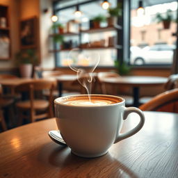 A beautifully arranged cup of coffee in a cozy cafe setting, with delicate heart-shaped smoke rising from the surface of the coffee