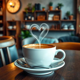 A beautifully arranged cup of coffee in a cozy cafe setting, with delicate heart-shaped smoke rising from the surface of the coffee