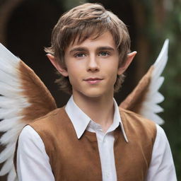 Revise the grand, white, feathered wings while ensuring the stylish caramel-brown shirt of the mythical elf boy remains intact. His brown messy hair, small elf ears, and sharp jawline provide a striking contrast.