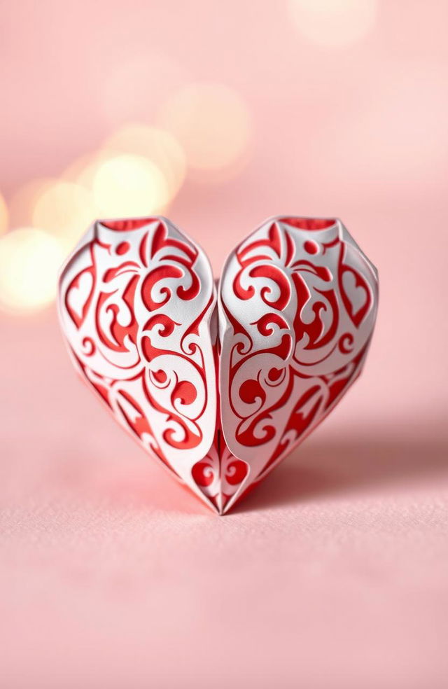 A beautifully crafted paper heart, delicately folded with intricate designs