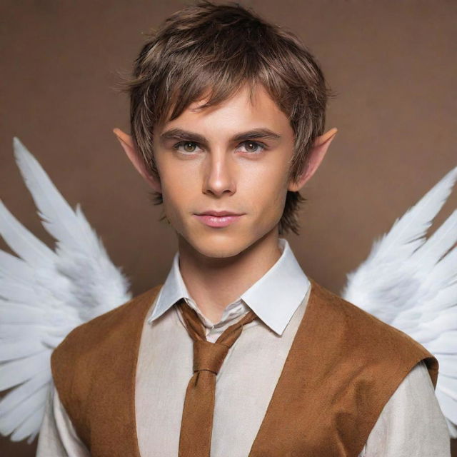 Revise the grand, white, feathered wings while ensuring the stylish caramel-brown shirt of the mythical elf boy remains intact. His brown messy hair, small elf ears, and sharp jawline provide a striking contrast.