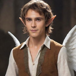 Infuse the grand, white feathered wings of the elf boy with a divine, ethereal glow, contrasting the earthly tones of his messy brown hair, small elf ears, sharp jawline, lean physique, and stylish caramel-brown shirt.