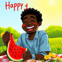 A joyful scene featuring a black person enjoying a slice of juicy watermelon on a sunny day