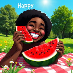 A joyful scene featuring a black person enjoying a slice of juicy watermelon on a sunny day