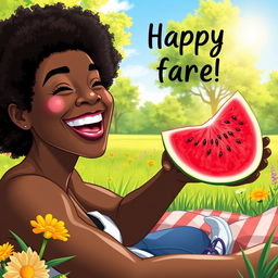 A joyful scene featuring a black person enjoying a slice of juicy watermelon on a sunny day