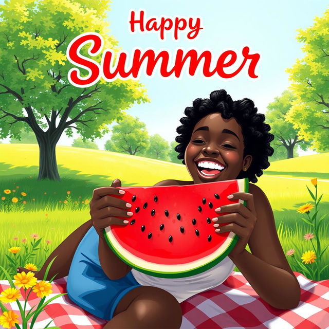 A joyful scene featuring a black person enjoying a slice of juicy watermelon on a sunny day