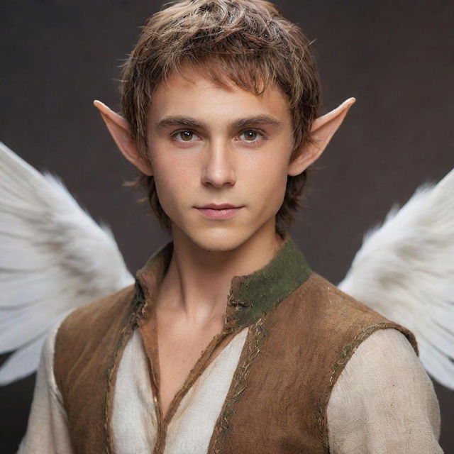 Infuse the grand, white feathered wings of the elf boy with a divine, ethereal glow, contrasting the earthly tones of his messy brown hair, small elf ears, sharp jawline, lean physique, and stylish caramel-brown shirt.