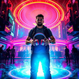 OG Buda stands confidently in front of a massive nightclub in a cyberpunk city