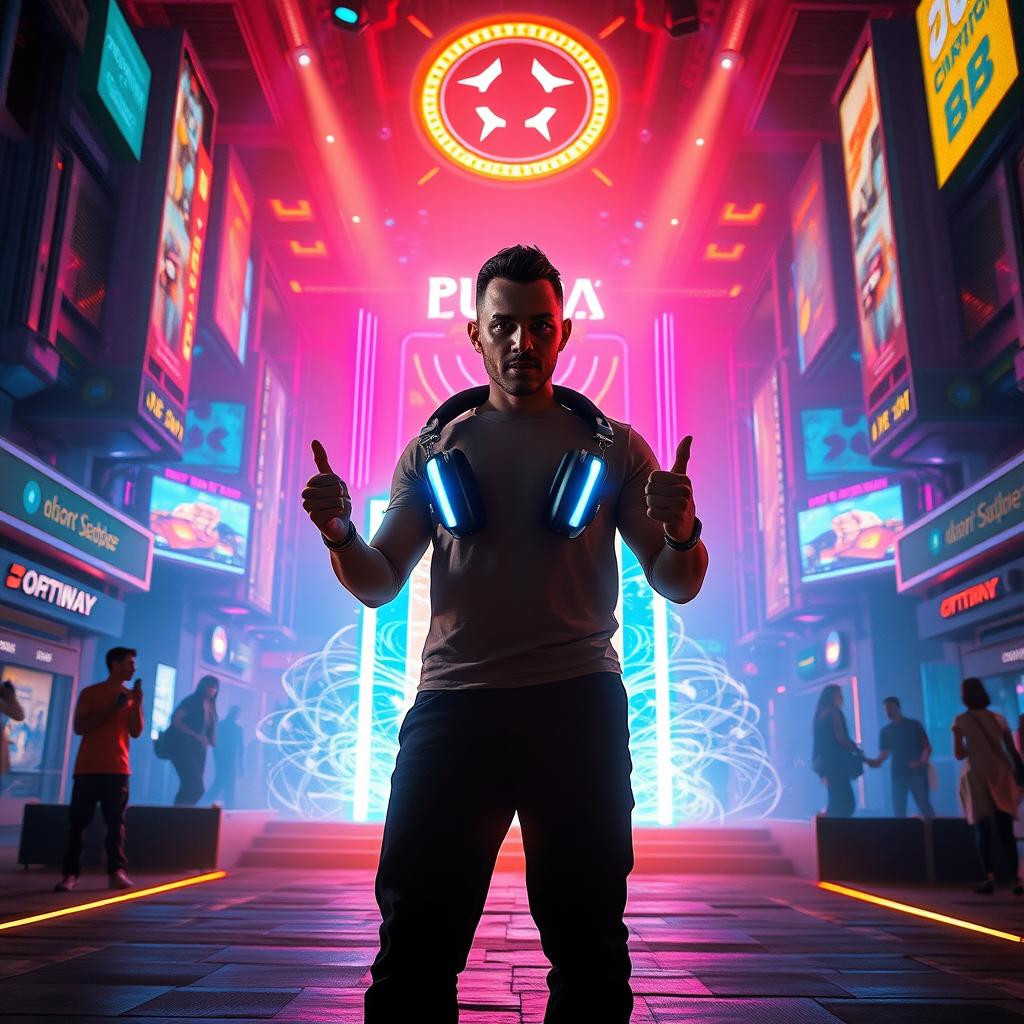 OG Buda stands confidently in front of a massive nightclub in a cyberpunk city