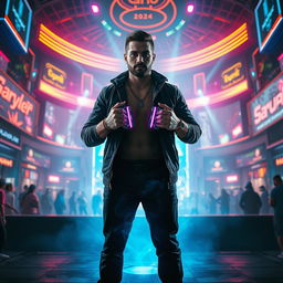 OG Buda stands confidently in front of a massive nightclub in a cyberpunk city