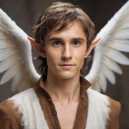 Infuse the grand, white feathered wings of the elf boy with a divine, ethereal glow, contrasting the earthly tones of his messy brown hair, small elf ears, sharp jawline, lean physique, and stylish caramel-brown shirt.