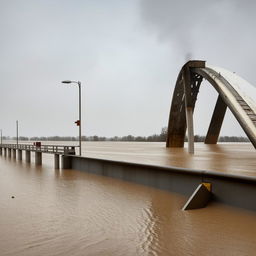 A flood overwhelming a one-lane, road-level bridge, showcasing the dramatic interaction between nature's force and human-made infrastructure.