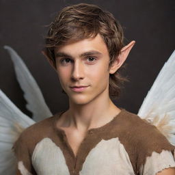 Infuse the grand, white feathered wings of the elf boy with a divine, ethereal glow, contrasting the earthly tones of his messy brown hair, small elf ears, sharp jawline, lean physique, and stylish caramel-brown shirt.