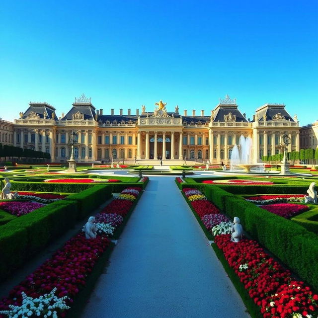 The magnificent Palace of Versailles, showcasing its iconic architecture and lush gardens