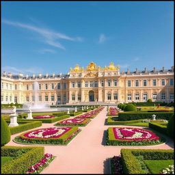 The magnificent Palace of Versailles, showcasing its iconic architecture and lush gardens