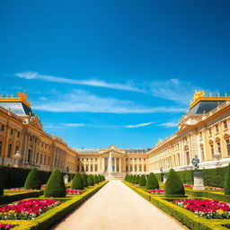 The magnificent Palace of Versailles, showcasing its iconic architecture and lush gardens