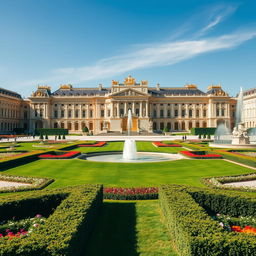 The magnificent Palace of Versailles, showcasing its iconic architecture and lush gardens