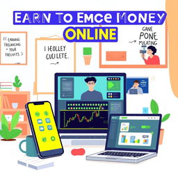 A vibrant digital illustration showcasing various ways to earn money online for beginners