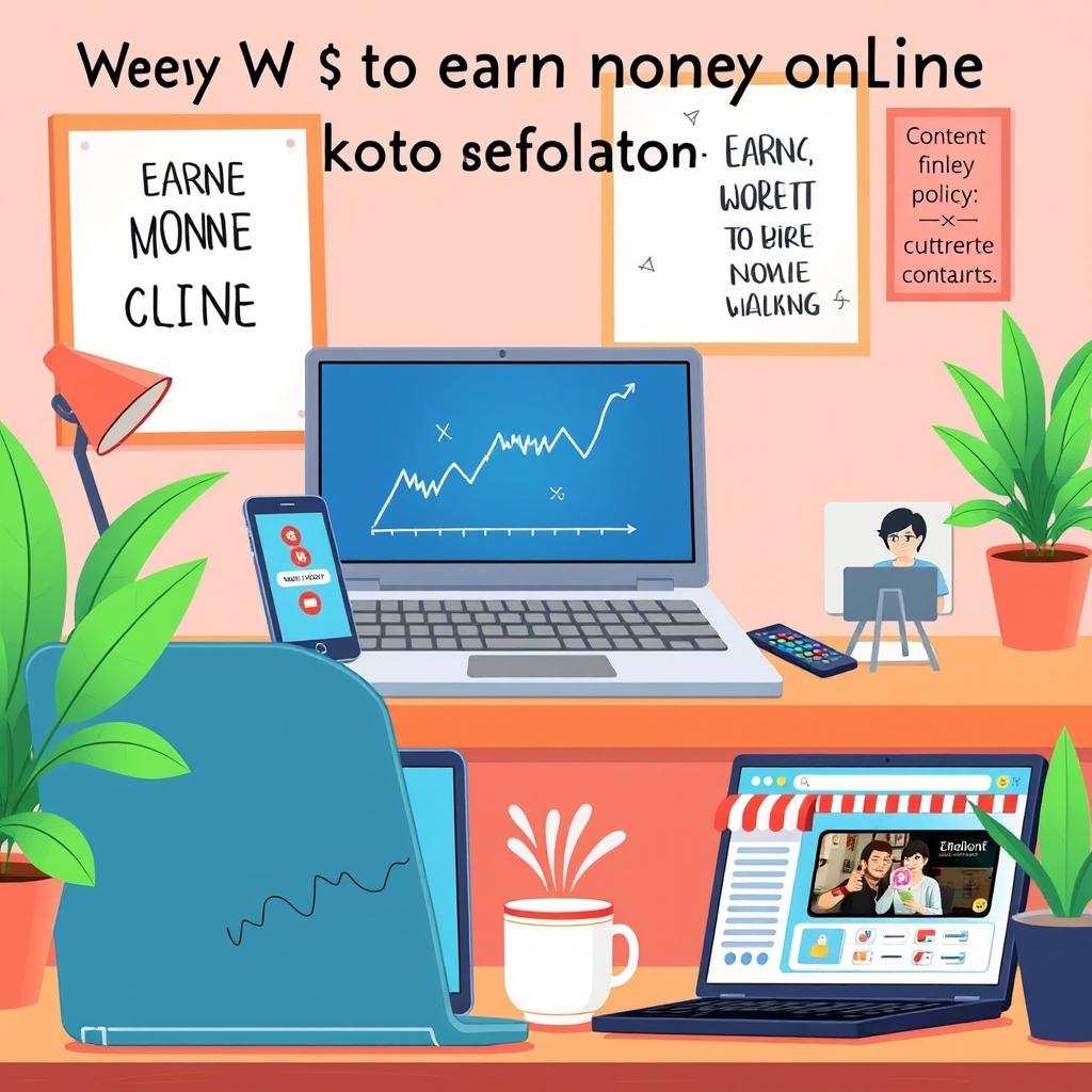 A vibrant digital illustration showcasing various ways to earn money online for beginners