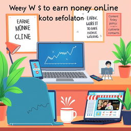 A vibrant digital illustration showcasing various ways to earn money online for beginners