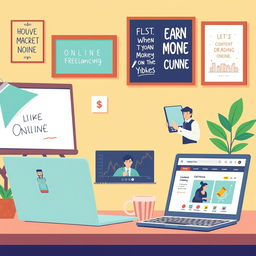 A vibrant digital illustration showcasing various ways to earn money online for beginners