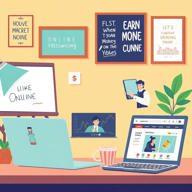 A vibrant digital illustration showcasing various ways to earn money online for beginners