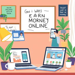 A vibrant digital illustration showcasing various ways to earn money online for beginners