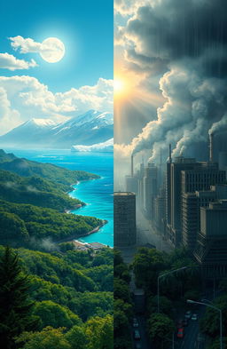 A visually striking and thought-provoking representation of climate change, featuring a stark contrast between a vibrant natural landscape and a polluted cityscape