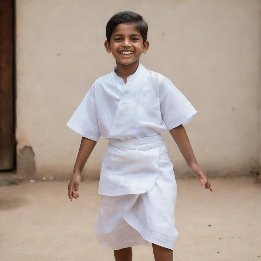 A young Indian boy, radiant with joy, in traditional attire wearing a crisp white lungi.