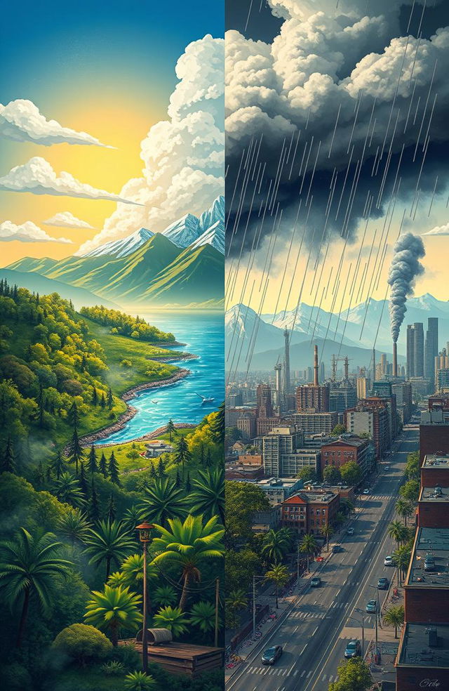 A visually striking and thought-provoking representation of climate change, featuring a stark contrast between a vibrant natural landscape and a polluted cityscape