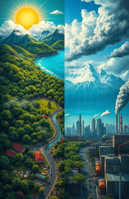 A visually striking and thought-provoking representation of climate change, featuring a stark contrast between a vibrant natural landscape and a polluted cityscape