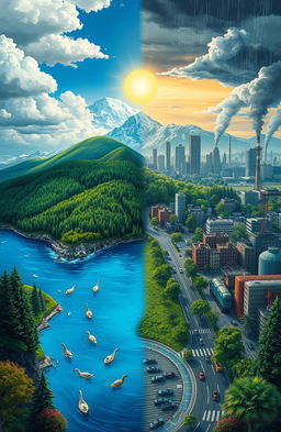 A visually striking and thought-provoking representation of climate change, featuring a stark contrast between a vibrant natural landscape and a polluted cityscape