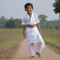 A young Indian boy, radiant with joy, in traditional attire wearing a crisp white lungi.