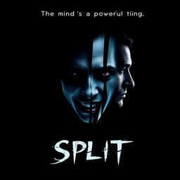 A promotional movie poster for 'Split', featuring a fragmented face design that symbolizes the character's multiple personalities