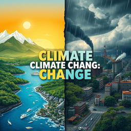 A visually striking and thought-provoking representation of climate change, featuring a stark contrast between a vibrant natural landscape and a polluted cityscape