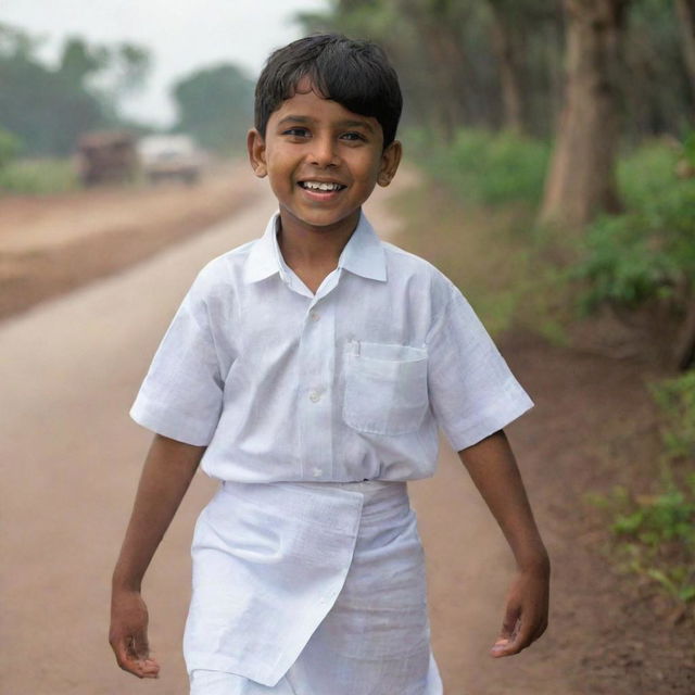 A young Indian boy, radiant with joy, in traditional attire wearing a crisp white lungi.