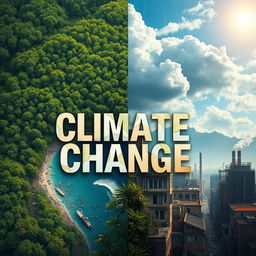 A visually striking and thought-provoking representation of climate change, featuring a stark contrast between a vibrant natural landscape and a polluted cityscape