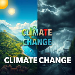 A visually striking and thought-provoking representation of climate change, featuring a stark contrast between a vibrant natural landscape and a polluted cityscape